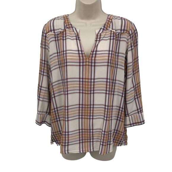 Loft Womens Brown Multi Plaid Notched Neck 3/4 Sleeve Blouse Size S - Picture 1 of 7
